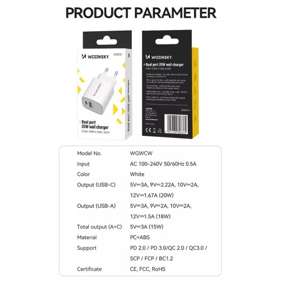 Wozinsky WGWCW USB-A USB-C 20W wall charger WHITE