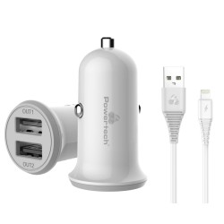 Powertech Φορτιστής αυτοκινήτου & καλώδιο Lightning PT-774, 2x USB, 3.4A, άσπρο