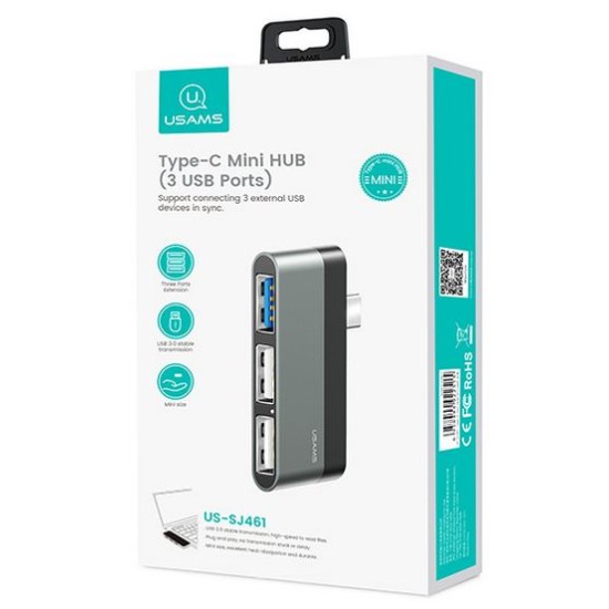Usams USB Type-C hub SJ461, 1x USB 3.0, 2x USB 2.0, Γκρι