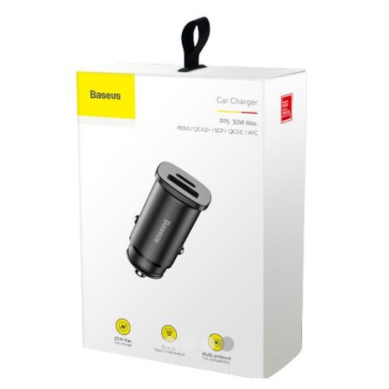 Baseus Square Metal USB-C + USB-A 30W PPS Car Charger (PD3.0 / QC4.0) Μαύρο