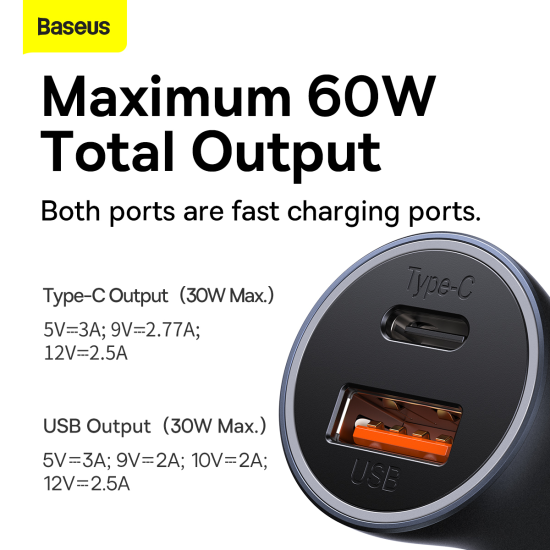 Baseus Car Charger Golden Contactor Max - USB + Type C - QC PD 60W (CGJM000113) dark grey