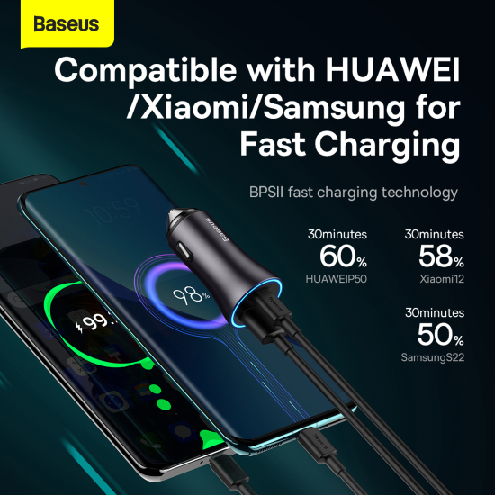 Baseus Car Charger Golden Contactor Max - USB + Type C - QC PD 60W (CGJM000113) dark grey
