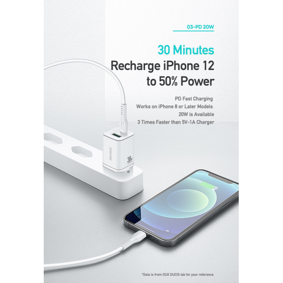 WALL CHARGER DUX DUCIS C80 SUPER SI - USB + TYPE C - PD 30W QC 3.0 18W 3A WHITE