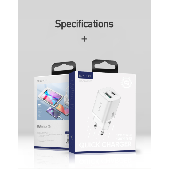 WALL CHARGER DUX DUCIS C80 SUPER SI - USB + TYPE C - PD 30W QC 3.0 18W 3A WHITE