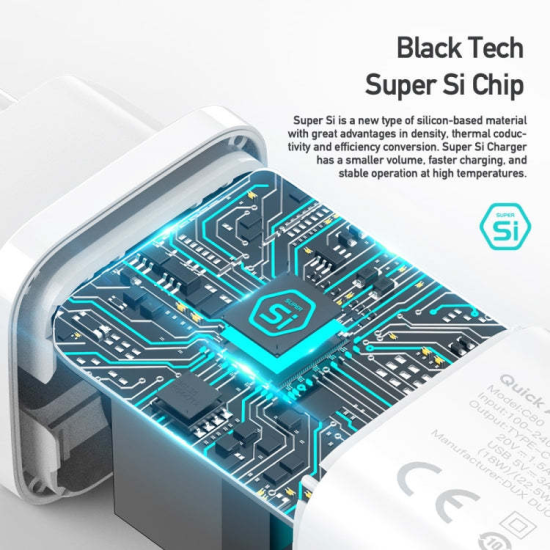 WALL CHARGER DUX DUCIS C80 SUPER SI - USB + TYPE C - PD 30W QC 3.0 18W 3A WHITE
