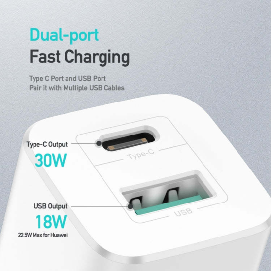 WALL CHARGER DUX DUCIS C80 SUPER SI - USB + TYPE C - PD 30W QC 3.0 18W 3A WHITE
