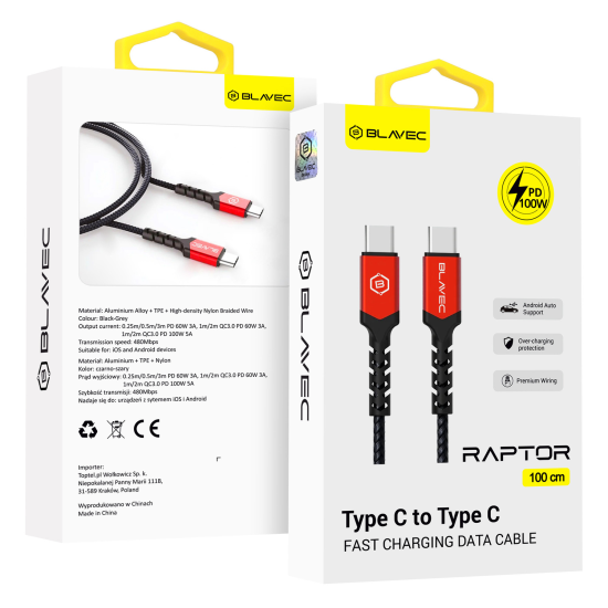 BLAVEC CABLE- TYPE C TO TYPE C - PD 100W 5A 1 METRE BLACK-RED