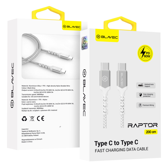 Blavec Cable Raptor braided - Type C to Type C - PD 60W 3A 2 metres (CRA-CC3WS20) white-silver