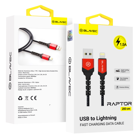 Blavec Cable Raptor braided - USB to Lightning - 1,5A 2 metres (CRA-UL15BR20) black-red
