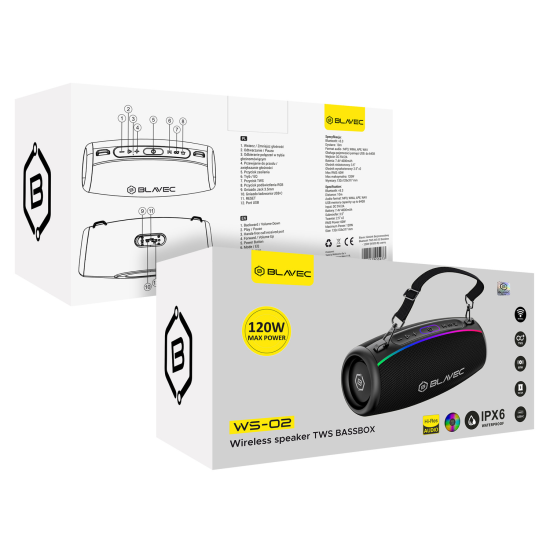 Blavec Portable Bluetooth Speaker TWS WS-02 Bassbox - 120W (WS02-B) black