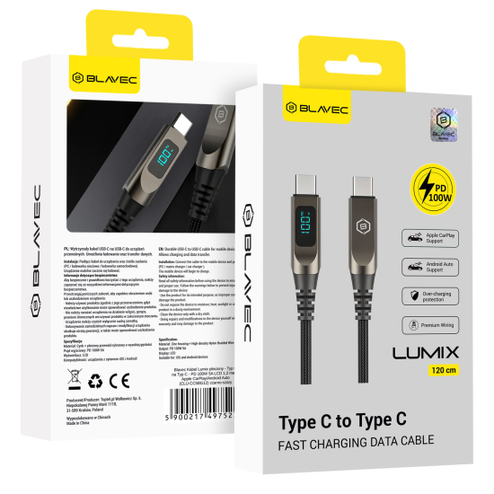 Blavec LED / Braided USB 2.0 Cable USB-C male - USB-C 100W Γκρι 1.2m