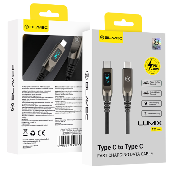 Blavec LED / Braided USB 2.0 Cable USB-C male - USB-C 240W 1.2m