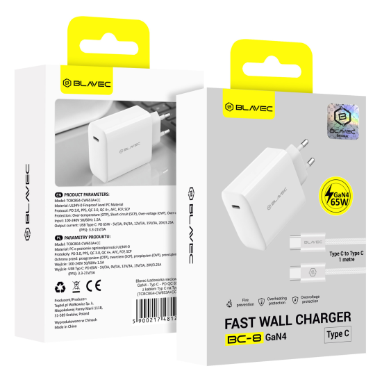 Blavec Wall charger Type C - PD QC 65W 3A with Type C to Type C cable (TCBC8G4-CW653A+CC) white