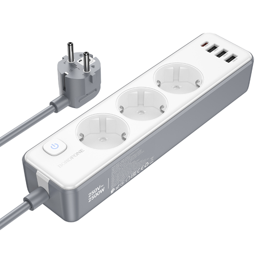 Borofone Power strip BAC9 - 3 outlets 240V + 3xUSB + Type C - PD 20W 2 metres black