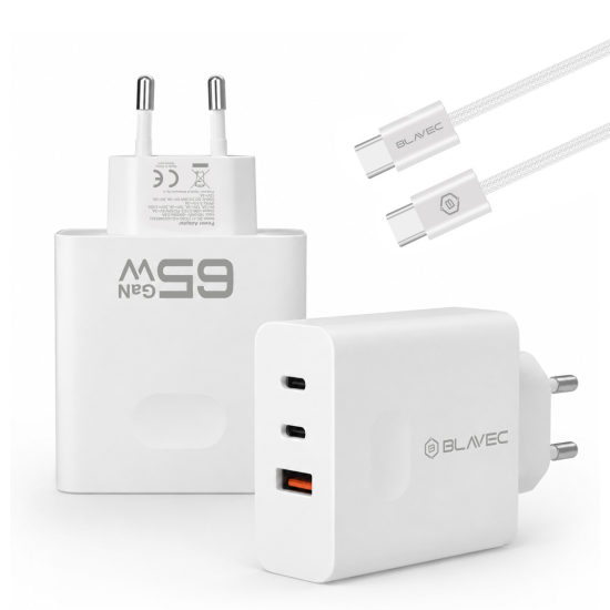 Blavec Wall charger BC-11 GaN - USB + 2xType C - QC PD 65W 3A with Type C to Type C cable white