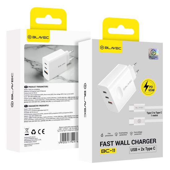 Blavec Wall charger BC-11 GaN - USB + 2xType C - QC PD 65W 3A with Type C to Type C cable white