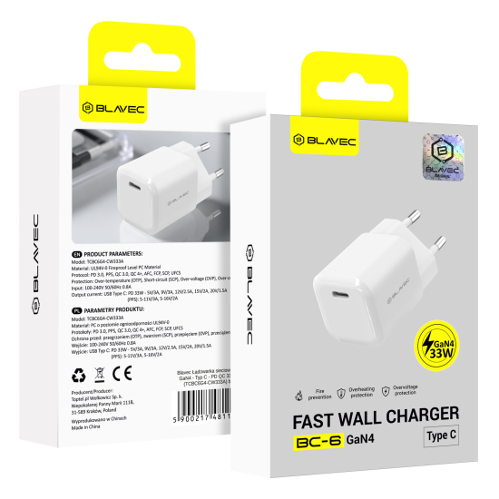 Blavec Wall charger BC-6 GaN4 - Type C - PD QC 33W 3A (TCBC6G4-CW333A) white