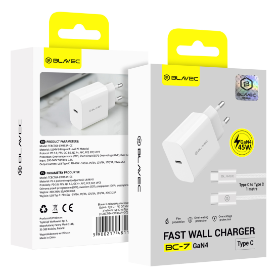 Blavec Wall charger BC-7 GaN4 - Type C - PD QC 45W 3A with Type C to Type C cable  white
