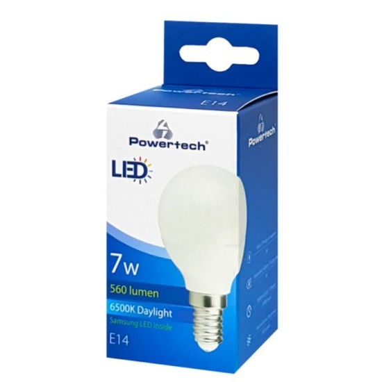 Powertech LED Λάμπα Mini Globe E14-008 7W, 6500K, E14, Samsung LED, IC Ψυχρό Λευκό