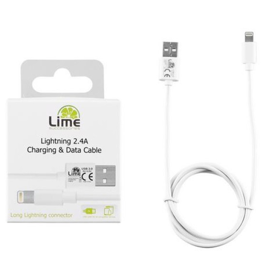 Lime Lightning Long USB 2.4A Φόρτισης-Data 1m LUL01 Λευκό
