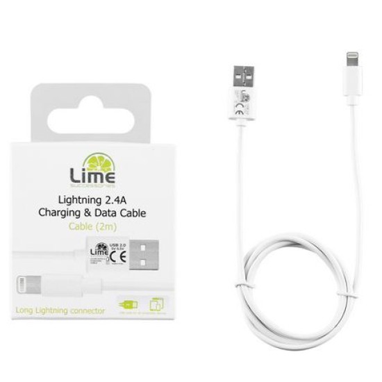 Lime Lightning Long USB 2.4A Φόρτισης-Data 2m LUL02 Λευκό