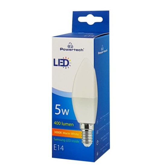 Powertech LED Λάμπα Candle E14-004 5W, 3000K, E14, Θερμό Λευκό 400lm
