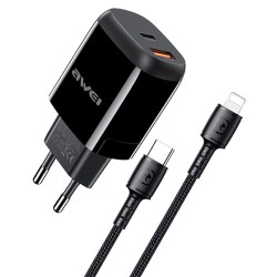 Awei φορτιστής τοίχου με καλώδιο PD2, USB + Type-C, 20W, Μαύρο