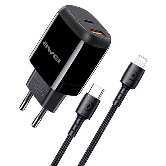 Awei φορτιστής τοίχου με καλώδιο PD2, USB + Type-C, 20W, Μαύρο