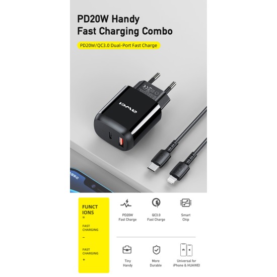 Awei φορτιστής τοίχου με καλώδιο PD2, USB + Type-C, 20W, Μαύρο