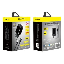 Awei φορτιστής τοίχου με καλώδιο PD2, USB + Type-C, 20W, Μαύρο