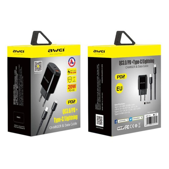 Awei φορτιστής τοίχου με καλώδιο PD2, USB + Type-C, 20W, Μαύρο