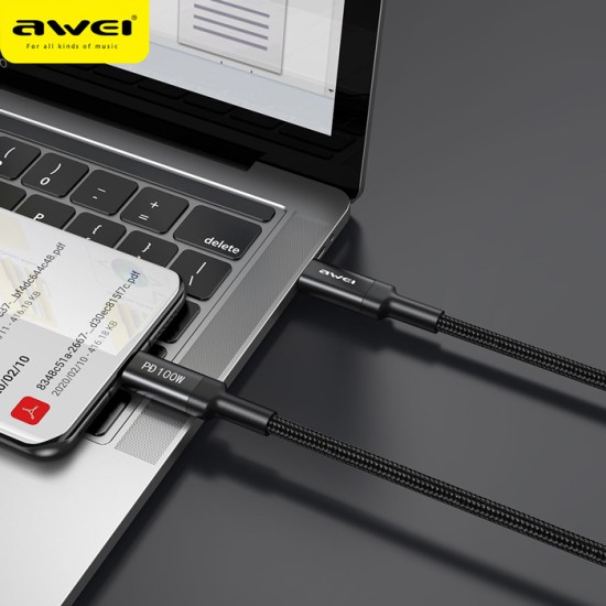 Awei καλώδιο USB Type-C CL-117T, PD 100W, 5A, 1m, Μαύρο