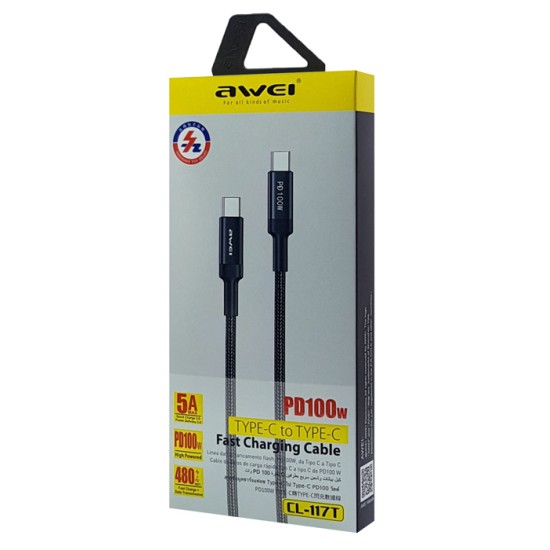 Awei καλώδιο USB Type-C CL-117T, PD 100W, 5A, 1m, Μαύρο