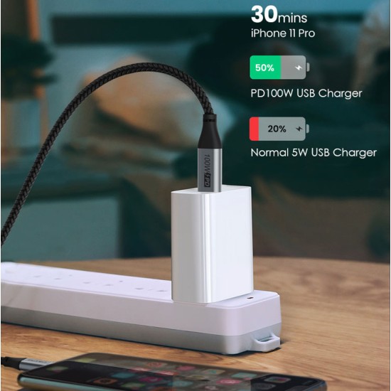 Cabletime καλώδιο USB Type-C C160, PD100W, USB 2.0, 5A, 2m, Μαύρο
