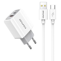 Awei φορτιστής τοίχου με καλώδιο PD4, USB & Type-C, 20W, Λευκό