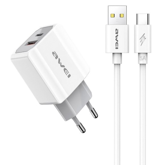 Awei φορτιστής τοίχου με καλώδιο PD4, USB & Type-C, 20W, Λευκό