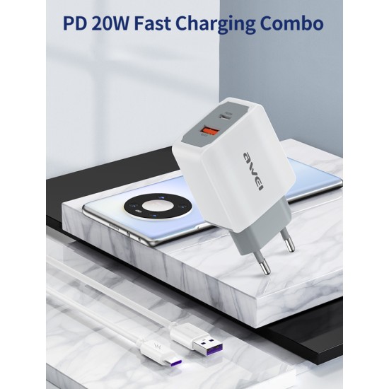 Awei φορτιστής τοίχου με καλώδιο PD4, USB & Type-C, 20W, Λευκό