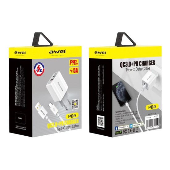Awei φορτιστής τοίχου με καλώδιο PD4, USB & Type-C, 20W, Λευκό