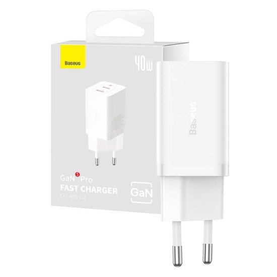 Baseus Φορτιστής Χωρίς Καλώδιο με 2 Θύρες USB-C και Καλώδιο USB-C 40W (GaN5 Pro)Λευκός