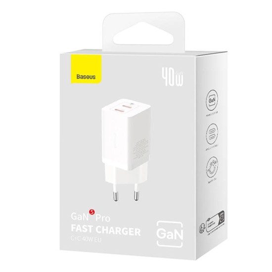 Baseus Φορτιστής Χωρίς Καλώδιο με 2 Θύρες USB-C και Καλώδιο USB-C 40W (GaN5 Pro)Λευκός