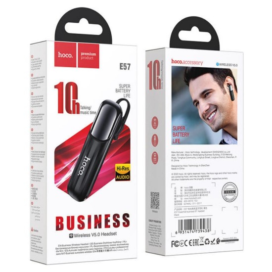 Business Wireless Headset Hoco E57 Essential V.5.0 Μαύρο,Μεγάλο Πλήκτρο,10 Ώρες Ομιλίας