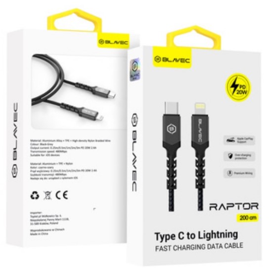 BLAVEC CABLE- TYPE C TO LIGHTNING - PD 20W 2,4A 2 METRES (BLACK-GREY