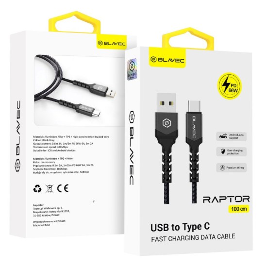 Blavec Cable Raptor braided - USB to Type C - PD 66W 6A 1 metre (CRA-UC6BG10) black-grey
