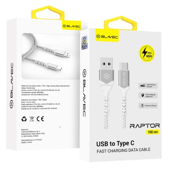 Blavec Cable Raptor braided - USB to Type C - PD 66W 6A 1 metre (CRA-UC6WS10) white-silver