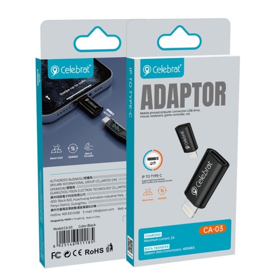 CELEBRAT αντάπτορας Lightning σε USB-C CA-03, 2A, 480Mbps, μαύρος