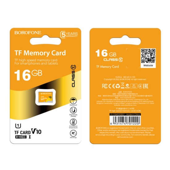 Borofone Memory card MicroSD 16GB SDHC Class10 85MB/s