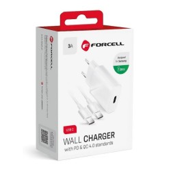 FORCELL F-ENERGY TFK-TC-25WPD travel charger Type C+ cable Type C to Type C PD Q.C 3A 25W white