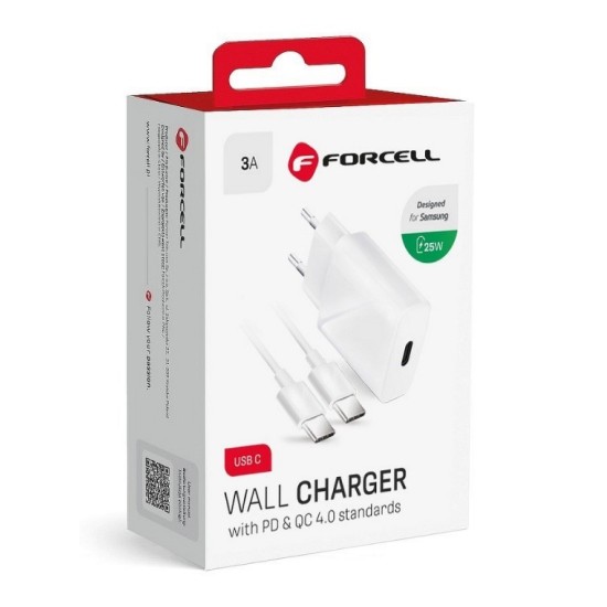 FORCELL F-ENERGY TFK-TC-25WPD travel charger Type C+ cable Type C to Type C PD Q.C 3A 25W white