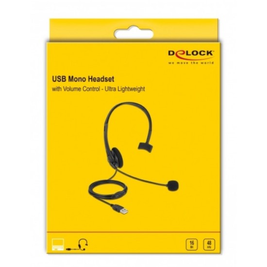 DELOCK headphones με μικρόφωνο 27177, mono, USB, volume control, μαύρα