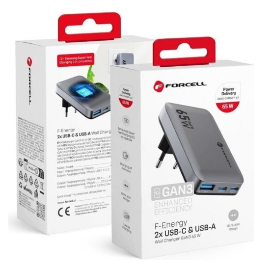 FORCELL F-ENERGY GaN III VT-47 Ultra Slim travel charger 2 x Type C + USB A PD QC4.0 4A 65W gray